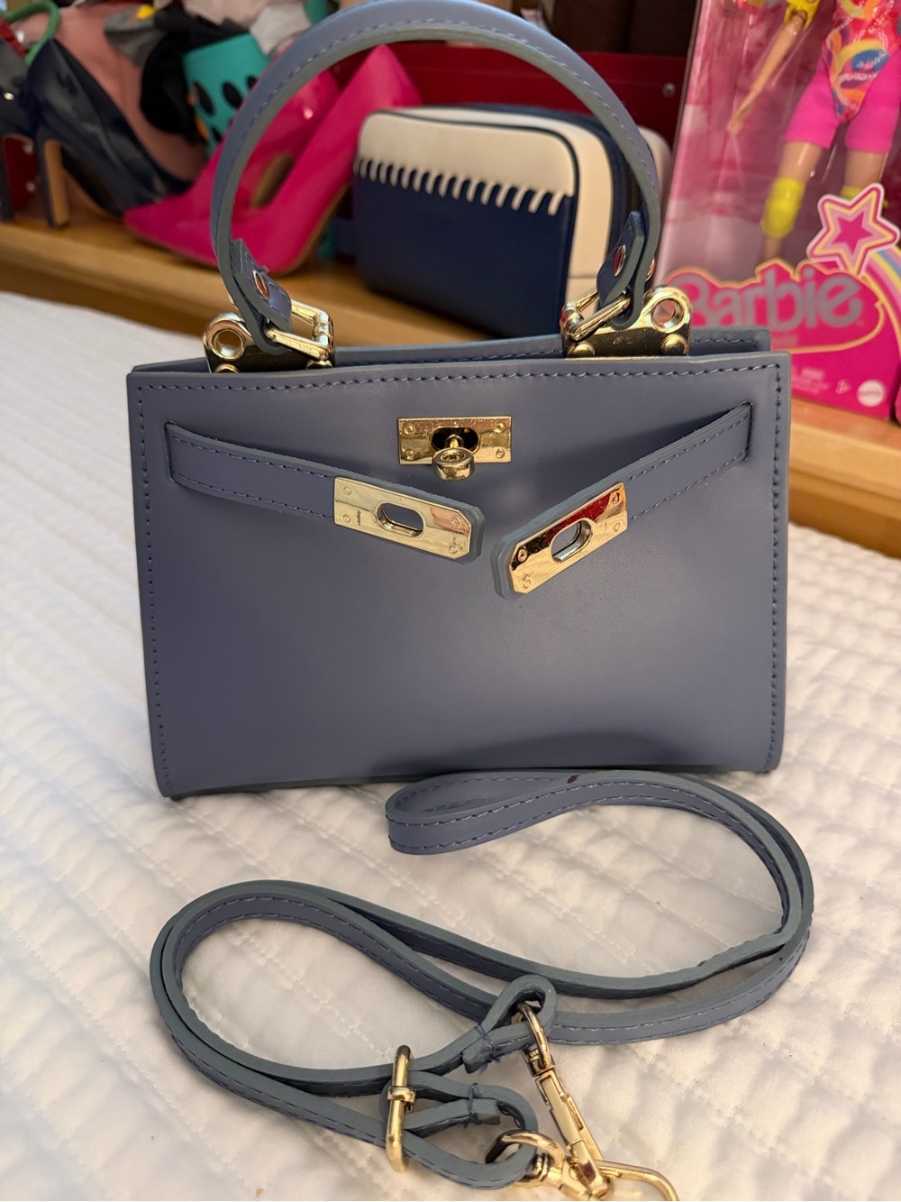 Italian Leather Verapelle Structured Mini Top-Handle Bag in Dusty Blue